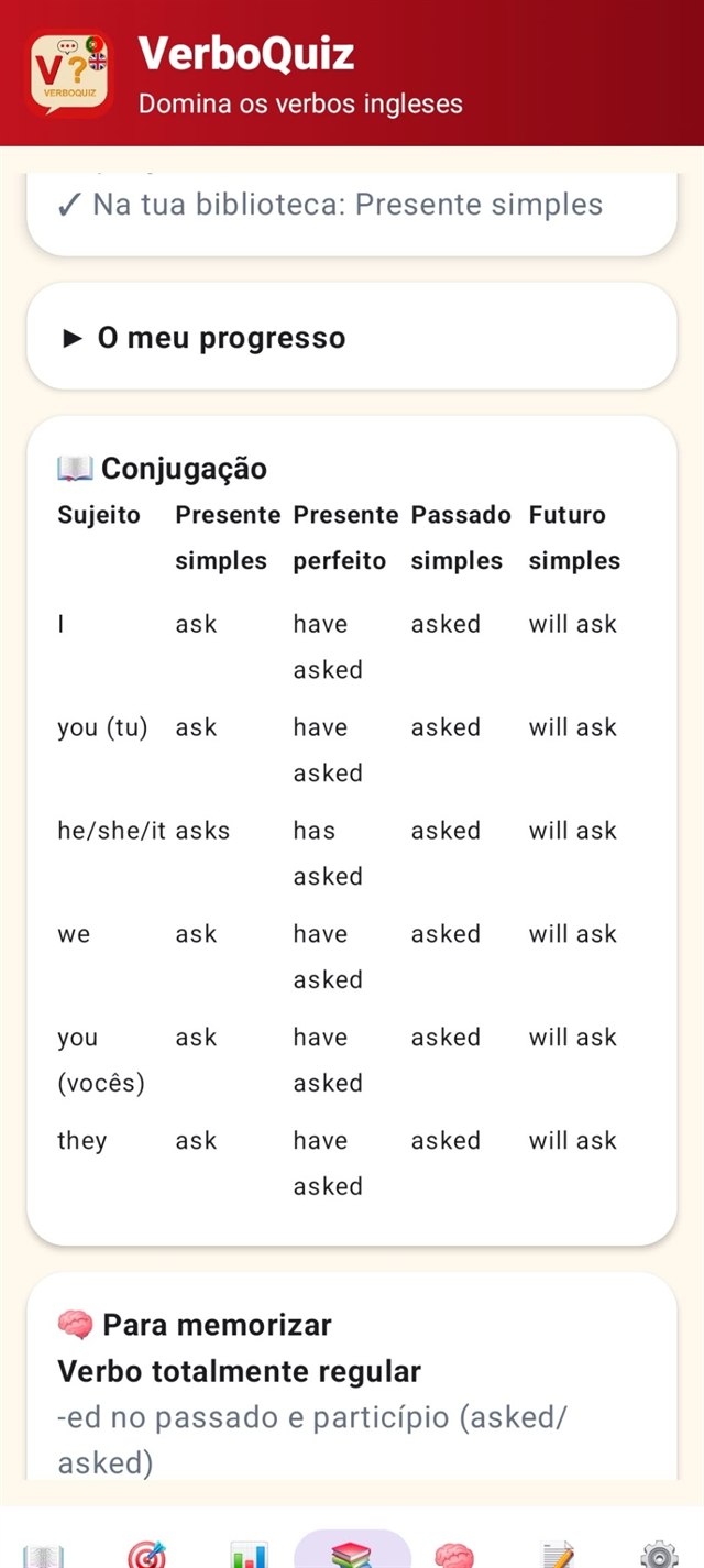 Tableau de conjugaison du verbe anglais to ask sur quatre temps, expliqué en portugais