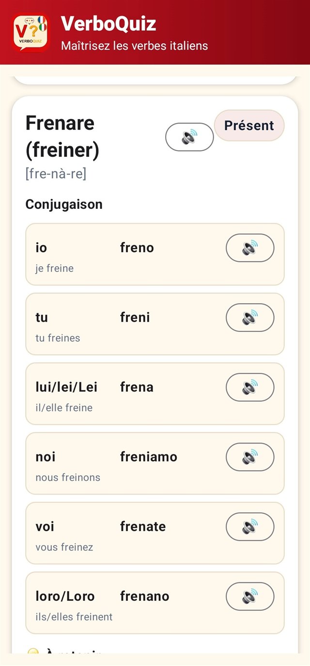 Fiche du verbe italien Frenare au présent, avec sa prononciation et ses six formes conjuguées traduites en français