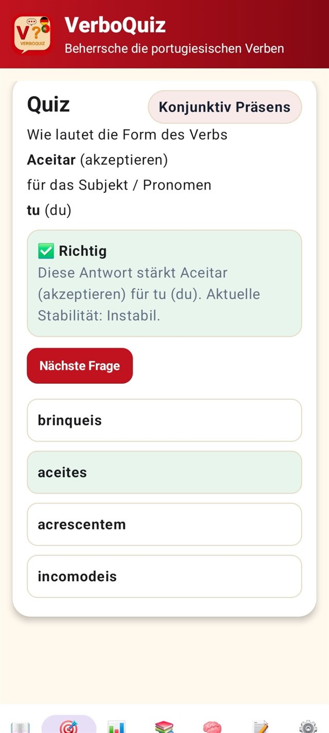 Question de quiz sur le verbe portugais Aceitar au subjonctif présent, avec la bonne réponse mise en évidence